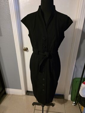 Calvin Klein Classic Black Button-Front Sheath Dress with Waist Tie Size 8